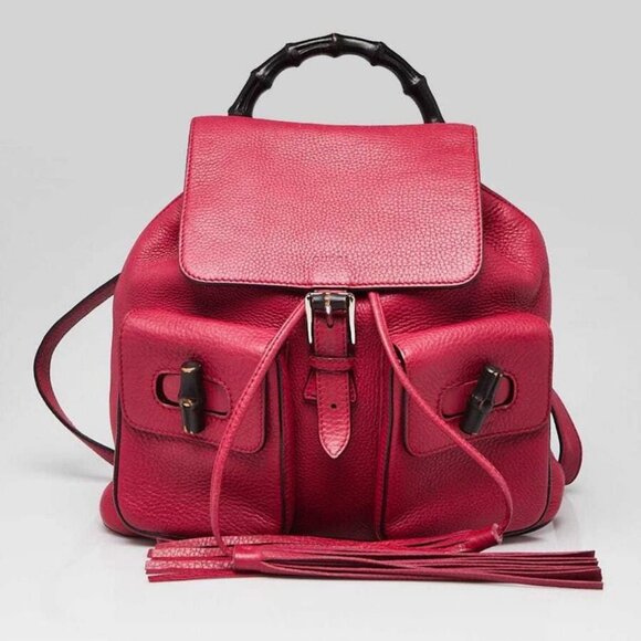 Gucci Dark Pink Pebbled Leather Bamboo Backpack Bag - Picture 1 of 12